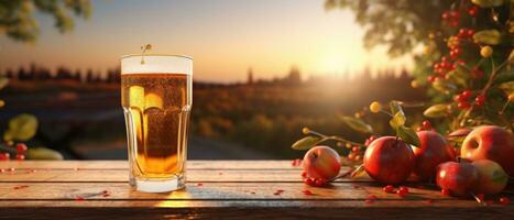 Apple cider on table with apples photo