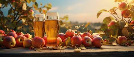 Apple cider on table with apples photo