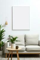 Blank picture frame mockup on white wall Modern minimalist living room photo