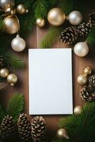 Blank white greeting card mockup, beautiful background decorated for christmas photo