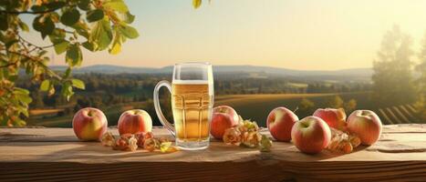 Apple cider on table with apples photo
