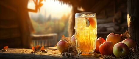 A glass of cider on wooden table with spices photo