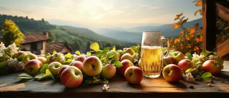 Apple cider on table with apples photo