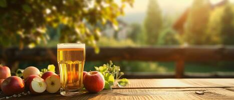 Apple cider on table with apples photo