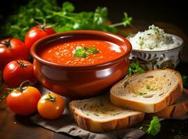 Tomato soup puree with vegetables photo