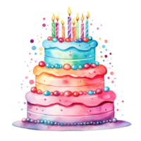 Watercolor vibrant birthday cake isolated png