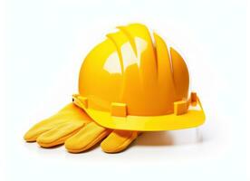 A yellow hardhat and glove isolated photo