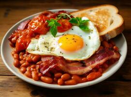 English breakfast with eggs, bacon and beans photo