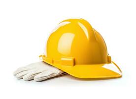 A yellow hardhat and glove isolated photo