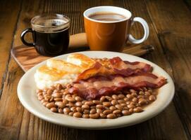 English breakfast with eggs, bacon and beans photo