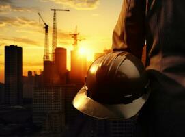 Construction engineer holding hard hat photo
