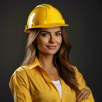 Beautiful female construction worker wearing a yellow hardhat, photo
