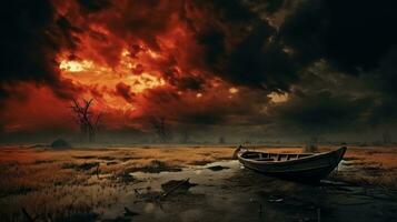 Red sky with an orange boat at the lake photo