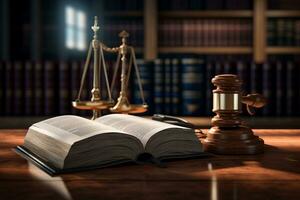 Handbook and judge's gavel on the wooden table photo