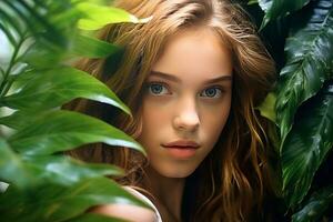 Young beauty in tropical leaves on the background photo