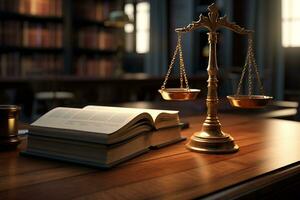 Handbook and judge's gavel on the wooden table photo