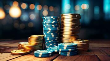 Pile of poker chips on wooden table photo