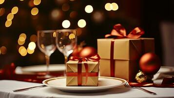 Christmas table with gift boxes photo