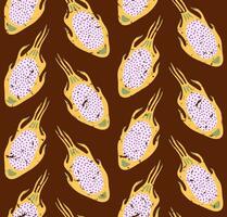 BROWN VECTOR SEAMLESS RETRO BACKGROUND WITH BRIGHT YELLOW DRAGON FRUIT SLICES IN POP ART STYLE