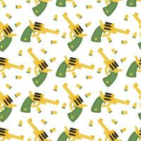 Seamless pattern with a shooting revolver and bullets in cartoon style on a white background. Green-yellow color scheme. Cowboy theme, western, wild west, shooting, shootout. Packaging Printing vector