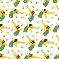 Seamless pattern with a shooting revolver and bullets in cartoon style on a white background. Green-yellow color scheme. Cowboy theme, western, wild west, shooting, shootout. Packaging Printing vector