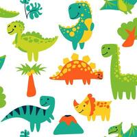 Vector seamless color repeating pattern with dinosaurs and tropical elements in a bright cartoon style. Children's seamless pattern with hand-drawn dinosaurs. Vector illustration of dinosaurs