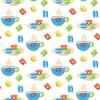 A pattern with a cute smiling cup of tea and colored macaroons. Cute pattern of sweet dishes. Seamless pattern with coffee cups, cakes for cafe vector