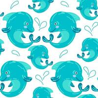 Seamless pattern. Blue dolphins with details on a white background. Imitation splashes, games. Vector illustration for printing on paper and textiles