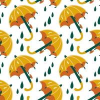 A pattern of yellow umbrellas with raindrops on an autumn theme. Cartoon style. A symbol of comfort. Vector illustration of a falling umbrella in the rain. printing on textiles and paper. Packaging