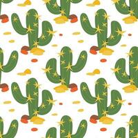 Seamless pattern of colored cactus in the desert. Cacti repeat the background print. Wild West motifs, endless texture with cacti, mountains. Vector illustration in retro minimalism style