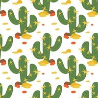 Seamless pattern of colored cactus in the desert. Cacti repeat the background print. Wild West motifs, endless texture with cacti, mountains. Vector illustration in retro minimalism style