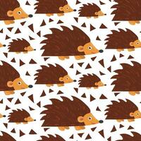 Seamless cute pattern with brown hedgehogs. Vector illustration for printing on textiles and paper. Cartoon children's texture with thorns and triangles