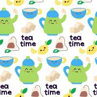 Drawing with the inscription tea time in a coffee shop. Mug, kettle with water, tea bag, lemon, sugar cubes with cute cartoon-style faces. Seamless ornament vector