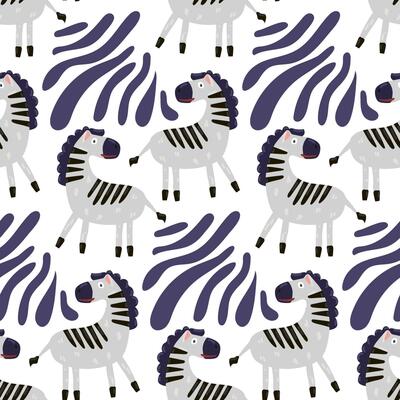 Vector zebra pattern with decorative stripes on a white background. The cartoon character on repeat looks in different directions