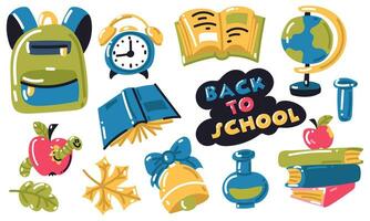 A set of elements related to school lessons. Books, globe, diary, backpack, alarm clock, bell, test tubes, Apple, worm, autumn foliage. Set for lessons topic back to school vector