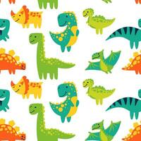 Vector seamless color repeating pattern with dinosaurs in a bright cartoon style. Children's seamless pattern with hand-drawn dinosaurs. Vector illustration of dinosaurs