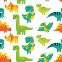 Vector seamless color repeating pattern with dinosaurs in a bright cartoon style. Children's seamless pattern with hand-drawn dinosaurs. Vector illustration of dinosaurs