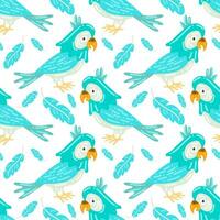 Cartoon Macaw parrot is a seamless colorful vector pattern. Pastel background, tropical, blue parrot with feathers on a white background. Printing on textiles and paper