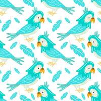 Cartoon Macaw parrot is a seamless colorful vector pattern. Pastel background, tropical, blue parrot with feathers on a white background. Printing on textiles and paper