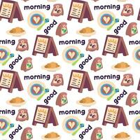 Pattern with good morning in the coffee shop. Coffee with you in a bag, a cup of coffee with foam in an institution with a croissant, a sign with the dishes of the day in a cartoon style. Seamless vector