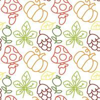 Vector seamless pattern of colored contours of autumn foliage, pumpkin, berries, fly agaric, cone in the style of doodles. Contour background, texture. Theme forest, Happy Autumn, Thanksgiving