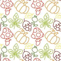 Vector seamless pattern of colored contours of autumn foliage, pumpkin, berries, fly agaric, cone in the style of doodles. Contour background, texture. Theme forest, Happy Autumn, Thanksgiving