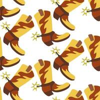 Cowboy seamless pattern with Western decorative elements. Cowboy leather boot on a white background. Vector children's style orange color background
