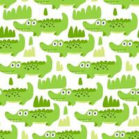 Seamless pattern with cute cartoon crocodiles and grass, funny children's print. Vector hand-drawn illustration for children's fabric, packaging, textiles