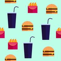 Vector street food, fastfood seamless pattern. French fries, drink, burger. Flat style background. Use for package, web