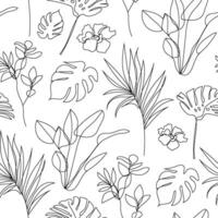 Vector tropical, flower linear seamless background, plants with leaves, ornament, pattern with black single contour line on white background in hand drawn style. Monoline, continuous