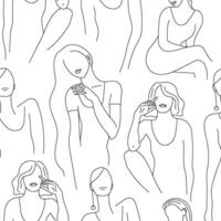 Vector seamless pattern. Continuous line art with woman faces, bodies. Linear nature background. Use for package, cosmetics, decor. Fashion concept, feminine beauty minimalist