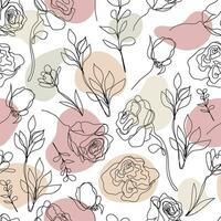 Vector seamless hand drawn pattern, single continuous line flowers with pastel color spots. Art floral elements. Use for beauty design elements, nature backgrounds, textile, package