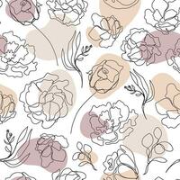 Vector seamless hand drawn pattern, single continuous line flowers with pastel color spots. Art floral elements. Use for beauty design elements, nature backgrounds, textile, package