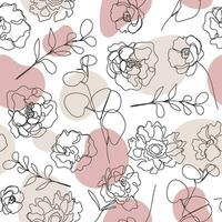 Vector seamless hand drawn pattern, single continuous line flowers with pastel color spots. Art floral elements. Use for beauty design elements, nature backgrounds, textile, package